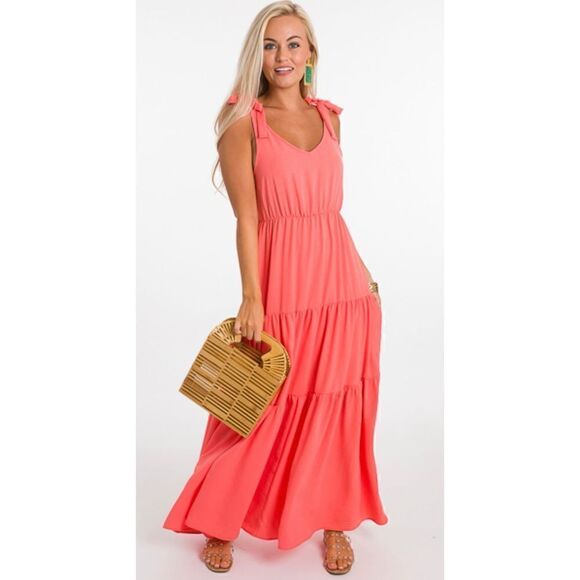 Everly Tiered Tie Strap Dress Coral Size Small - Picture 1 of 13